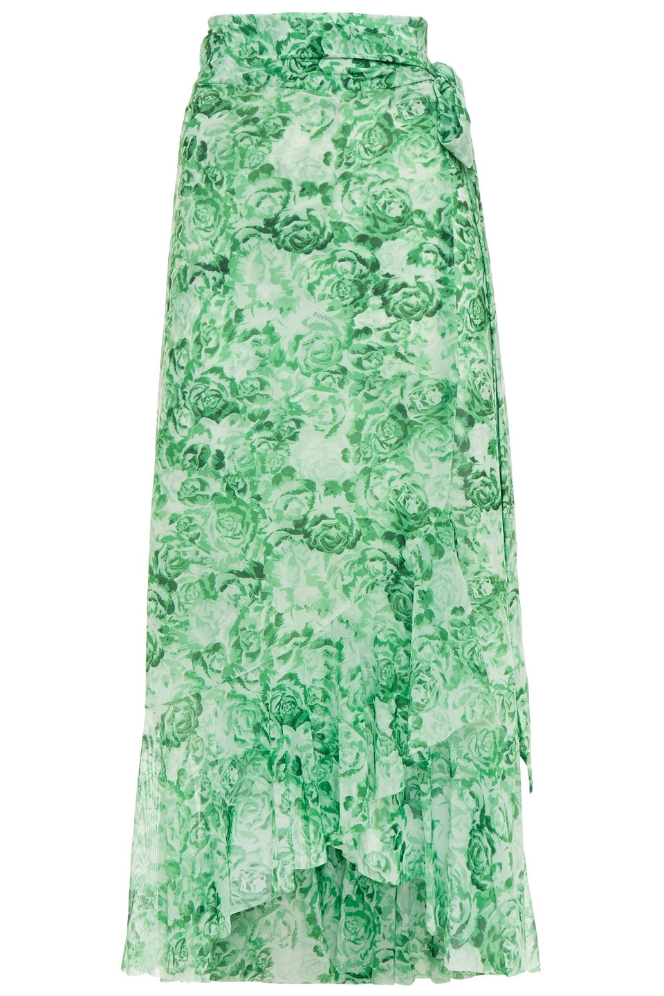 Ganni Woman Ruffled Leopard-print Stretch-mesh Midi Wrap Skirt Light Green Size 40