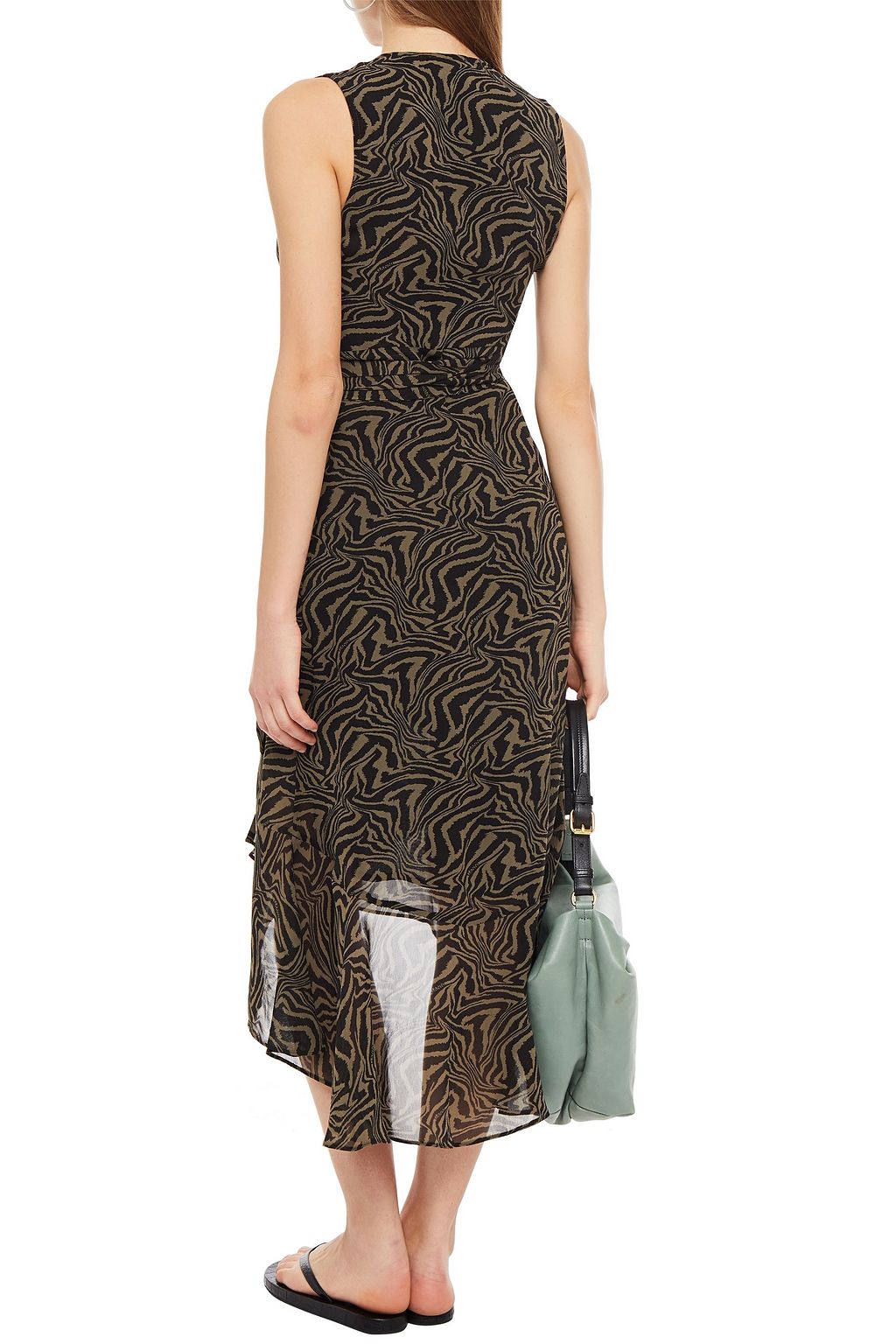 Sage green Ruffled tiger-print georgette wrap dress | GANNI | THE OUTNET