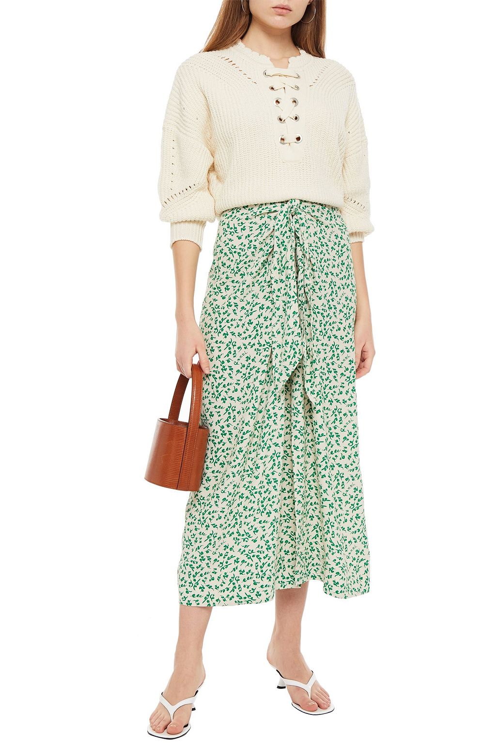 GANNI Knotted printed crepe midi skirt