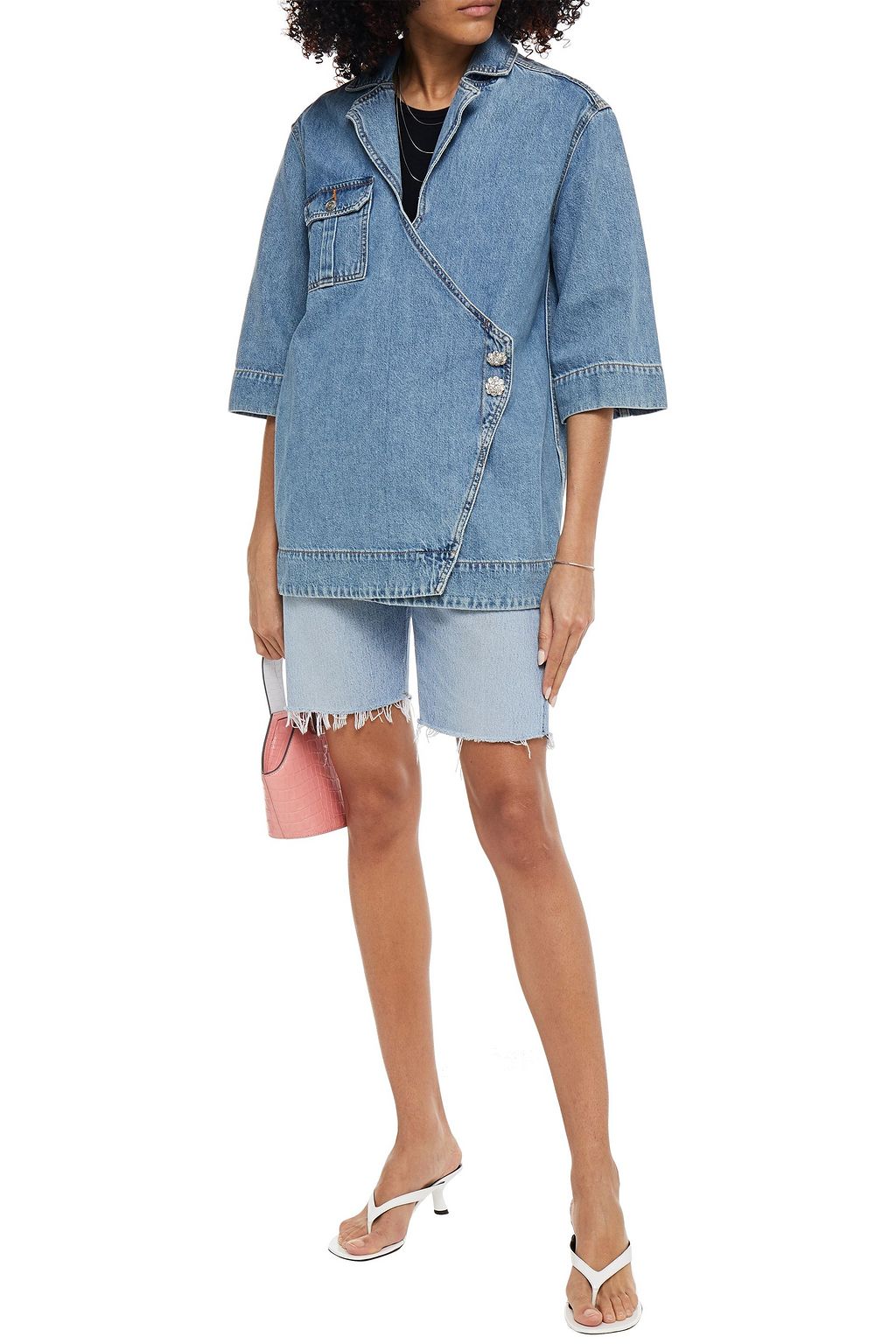 GANNI Crystal-embellished denim wrap jacket