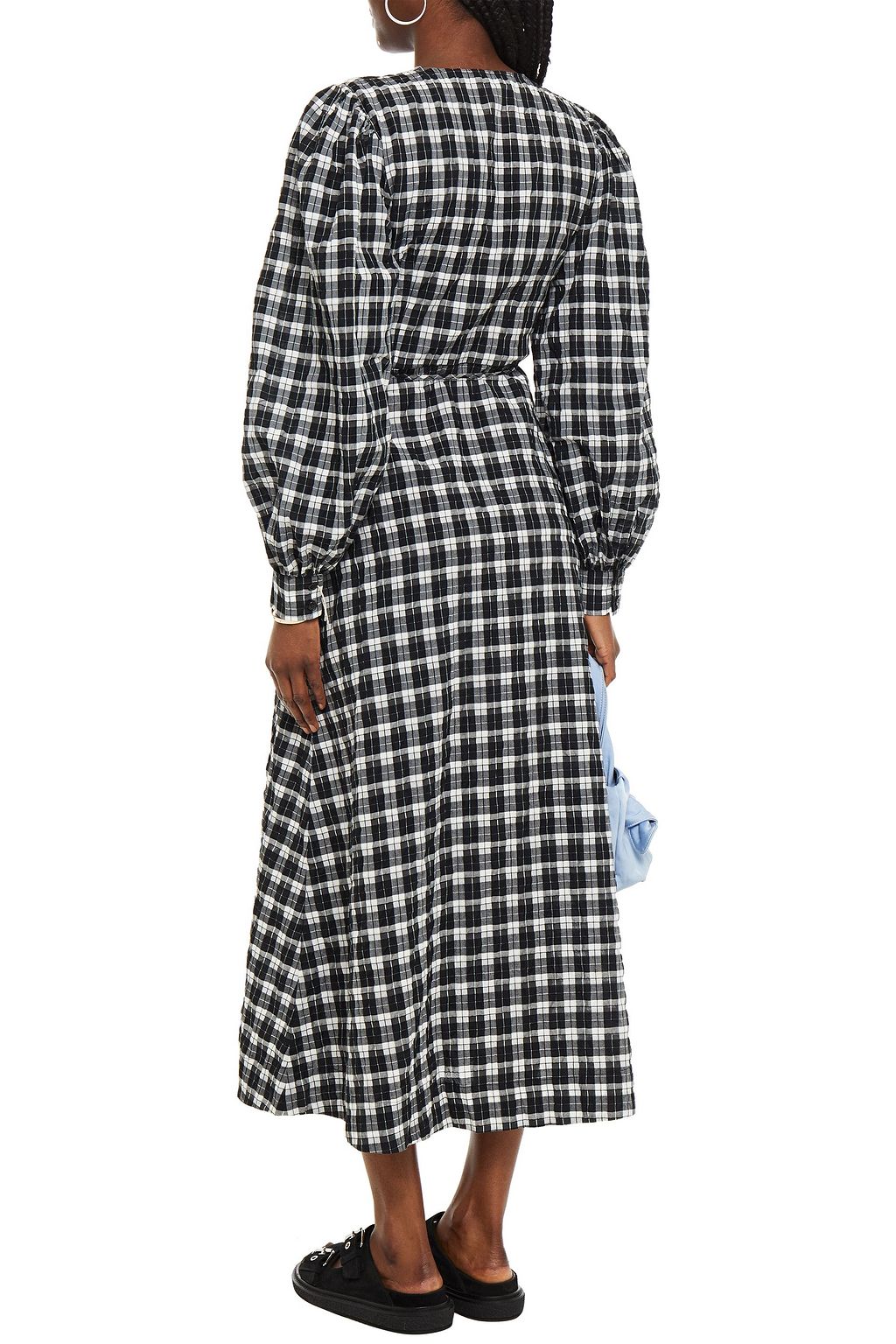 Black Checked cotton-blend seersucker midi wrap dress | Sale up to 70% off  | THE OUTNET | GANNI | THE OUTNET