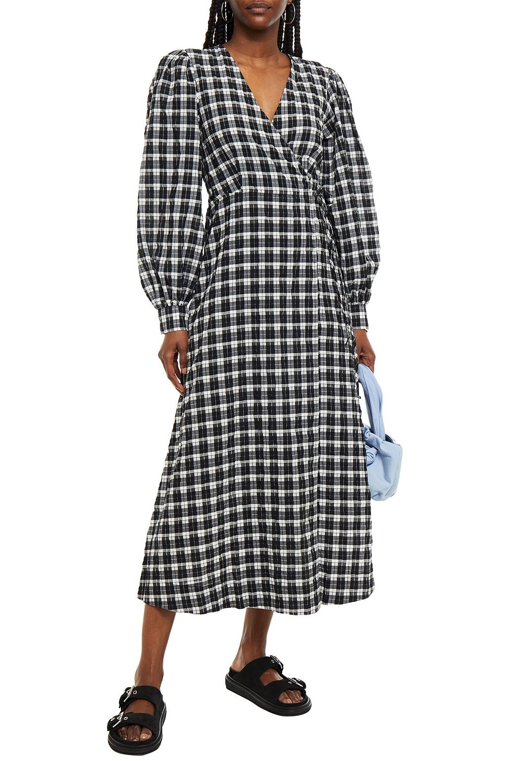 GANNI Checked cotton-blend seersucker midi wrap dress