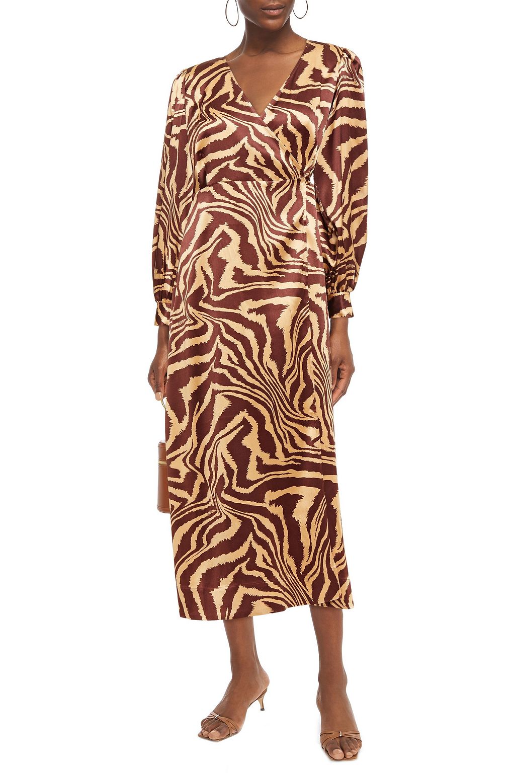 GANNI Wrap-effect printed stretch-silk satin midi dress