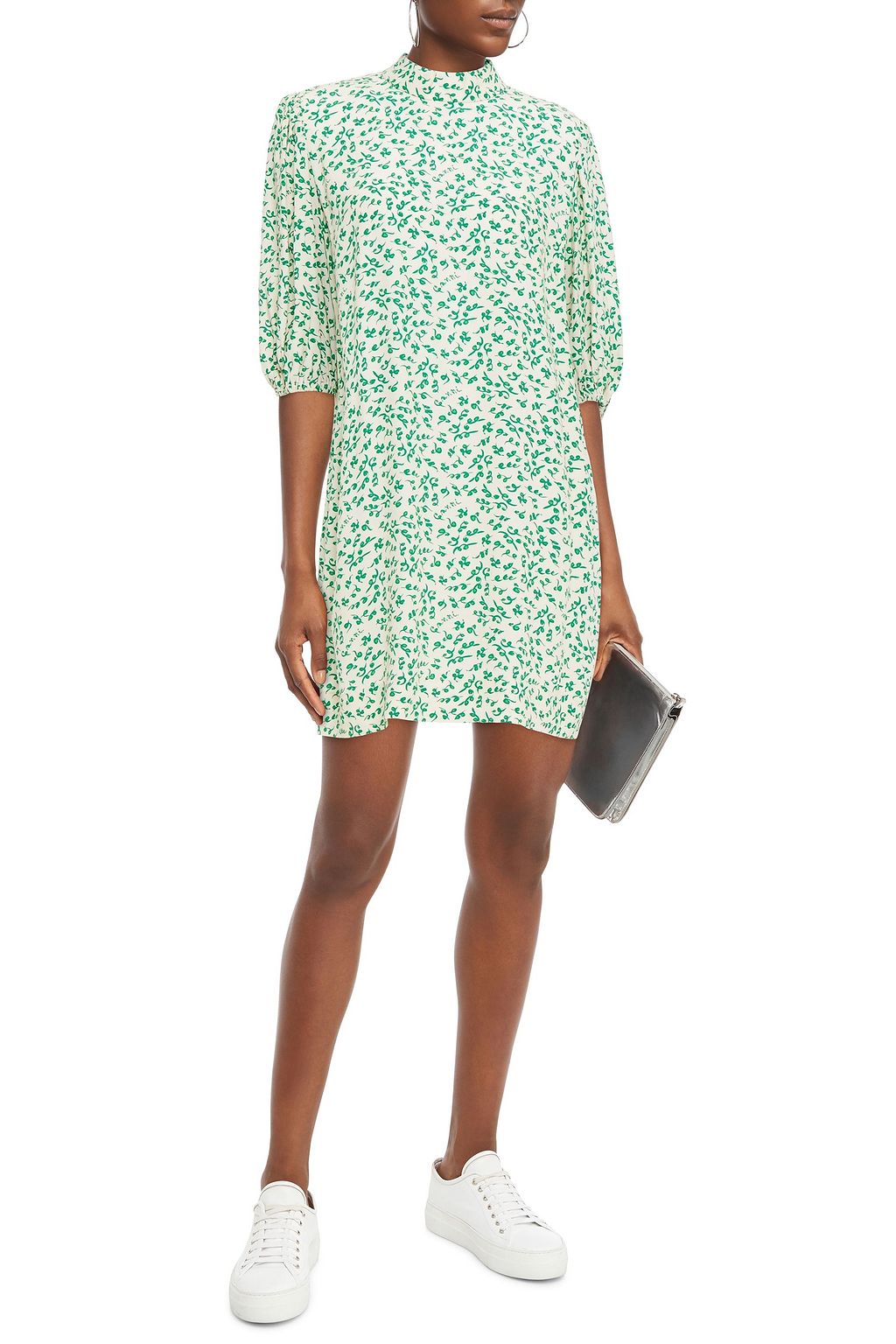 GANNI Gathered gingham crepe mini dress