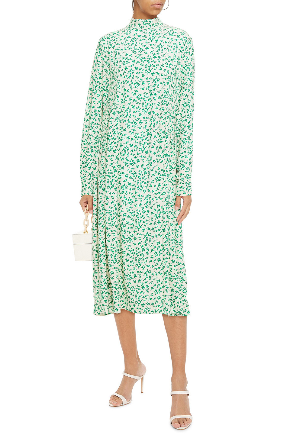 Ganni Gathered Printed Crepe Midi Dress In Green