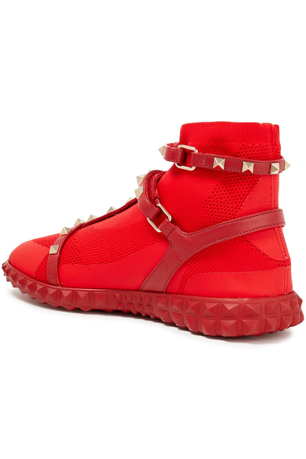 VALENTINO GARAVANI Rockstud leather-trimmed stretch-knit high-top sneakers