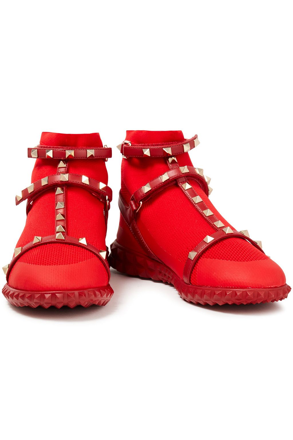 VALENTINO GARAVANI Rockstud leather-trimmed stretch-knit high-top sneakers