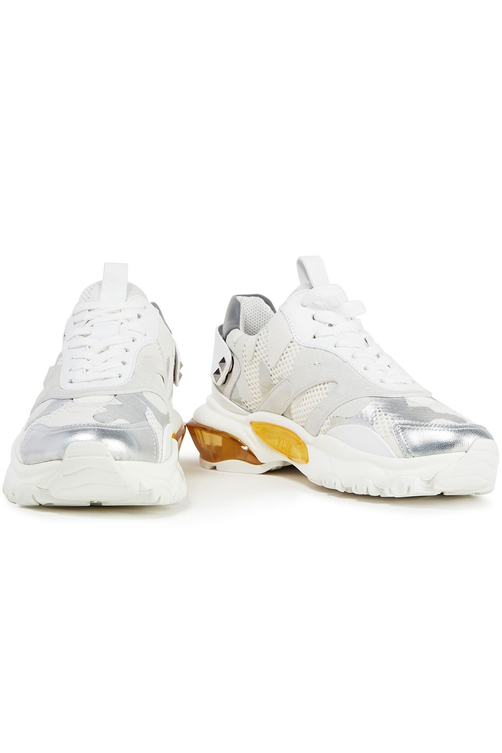 VALENTINO GARAVANI Rockstud metallic leather mesh and neoprene sneakers