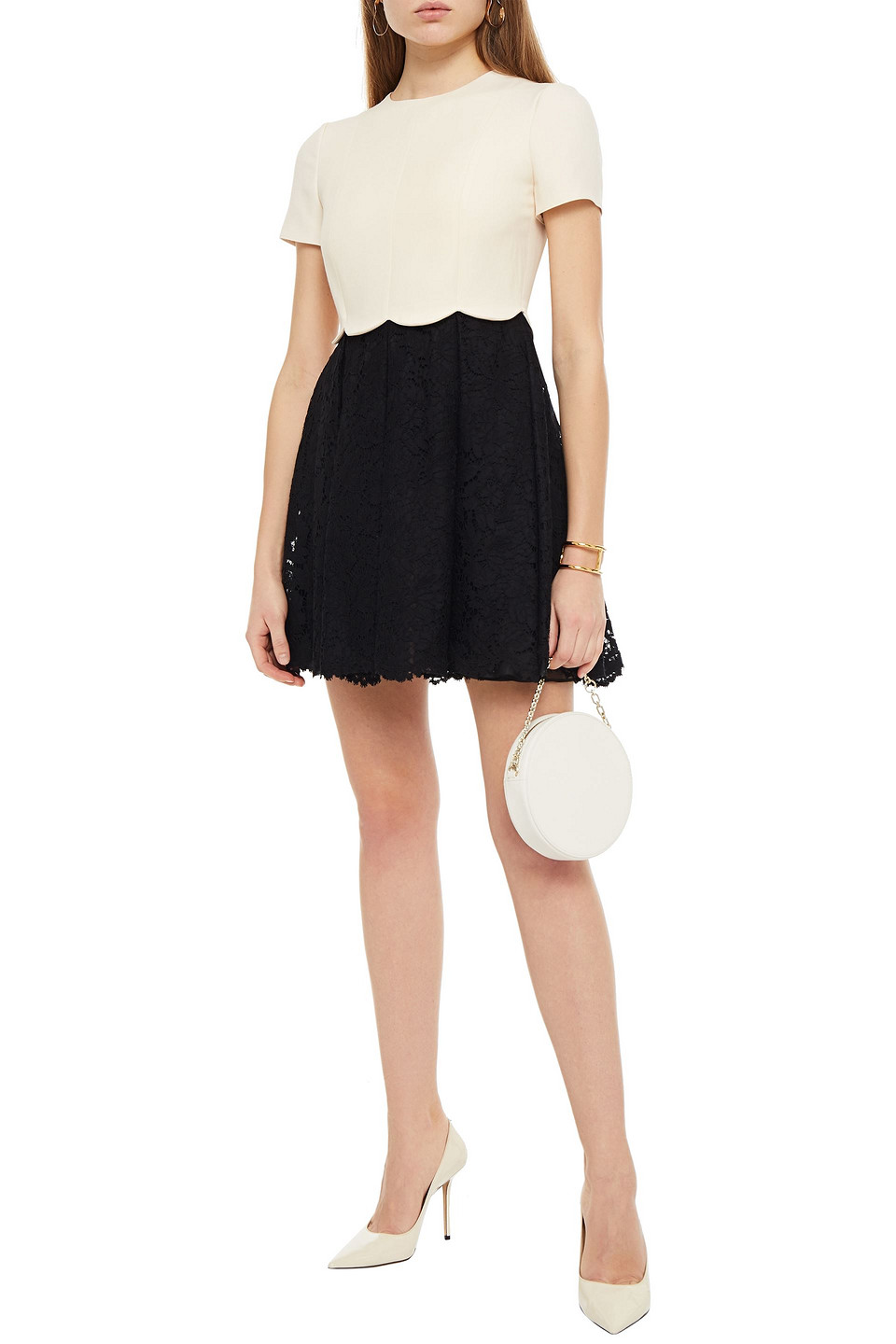Valentino Paneled Two-tone Crepe And Corded Lace Mini Dress In Multi