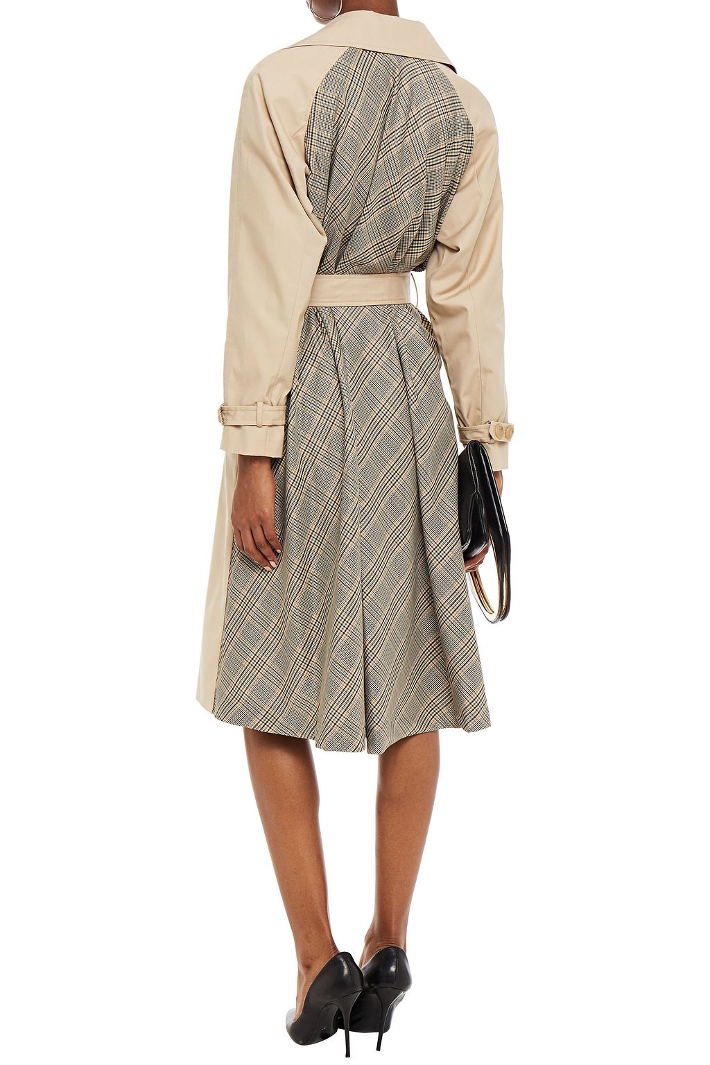 SANDRO Double-breasted cotton-gabardine and checked jacquard trench coat