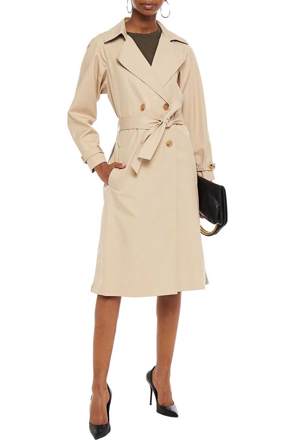 SANDRO Double-breasted cotton-gabardine and checked jacquard trench coat