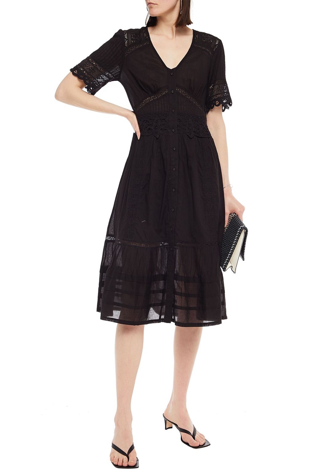 VELVET BY GRAHAM & SPENCER Pintucked lace-paneled cotton-voile midi dress