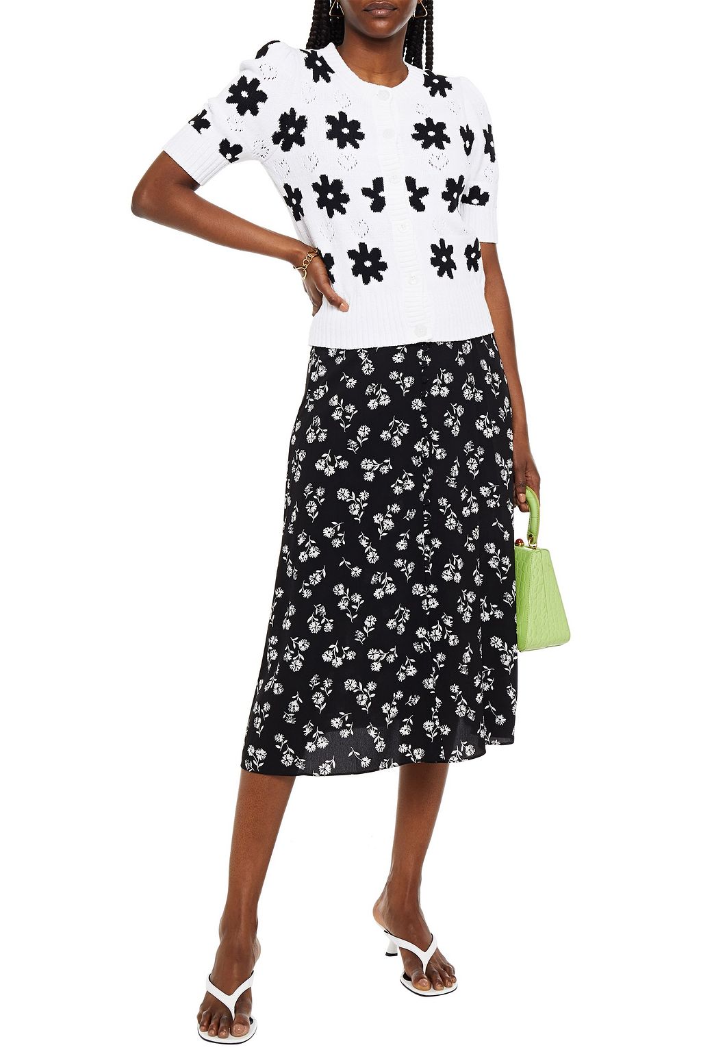 KATE SPADE NEW YORK Button-embellished floral-print crepe midi skirt