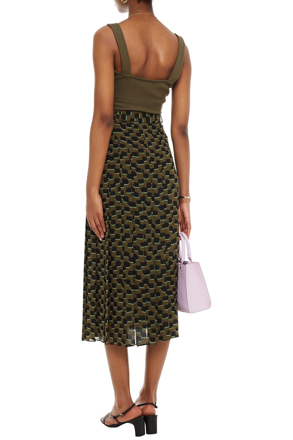 KATE SPADE NEW YORK Belted pleated printed chiffon midi skirt