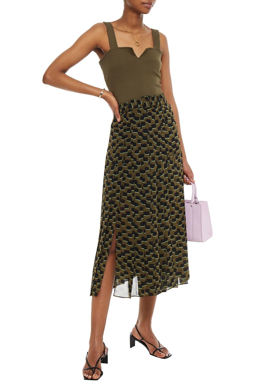KATE SPADE NEW YORK Belted pleated printed chiffon midi skirt
