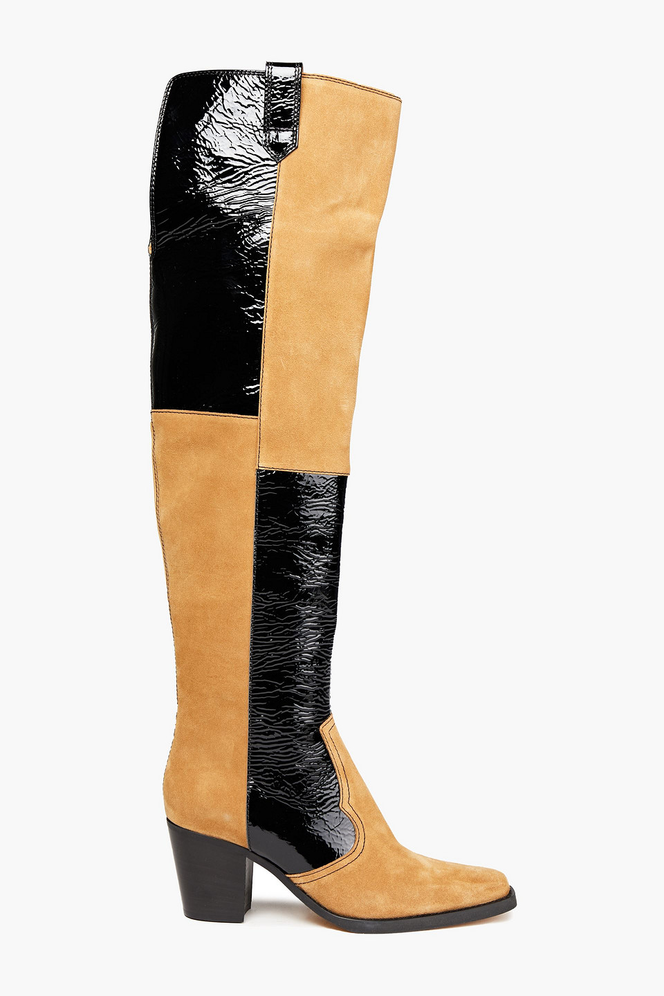 Ganni Woman Paneled Suede And Patent-leather Over-the-knee Boots Black Size 38
