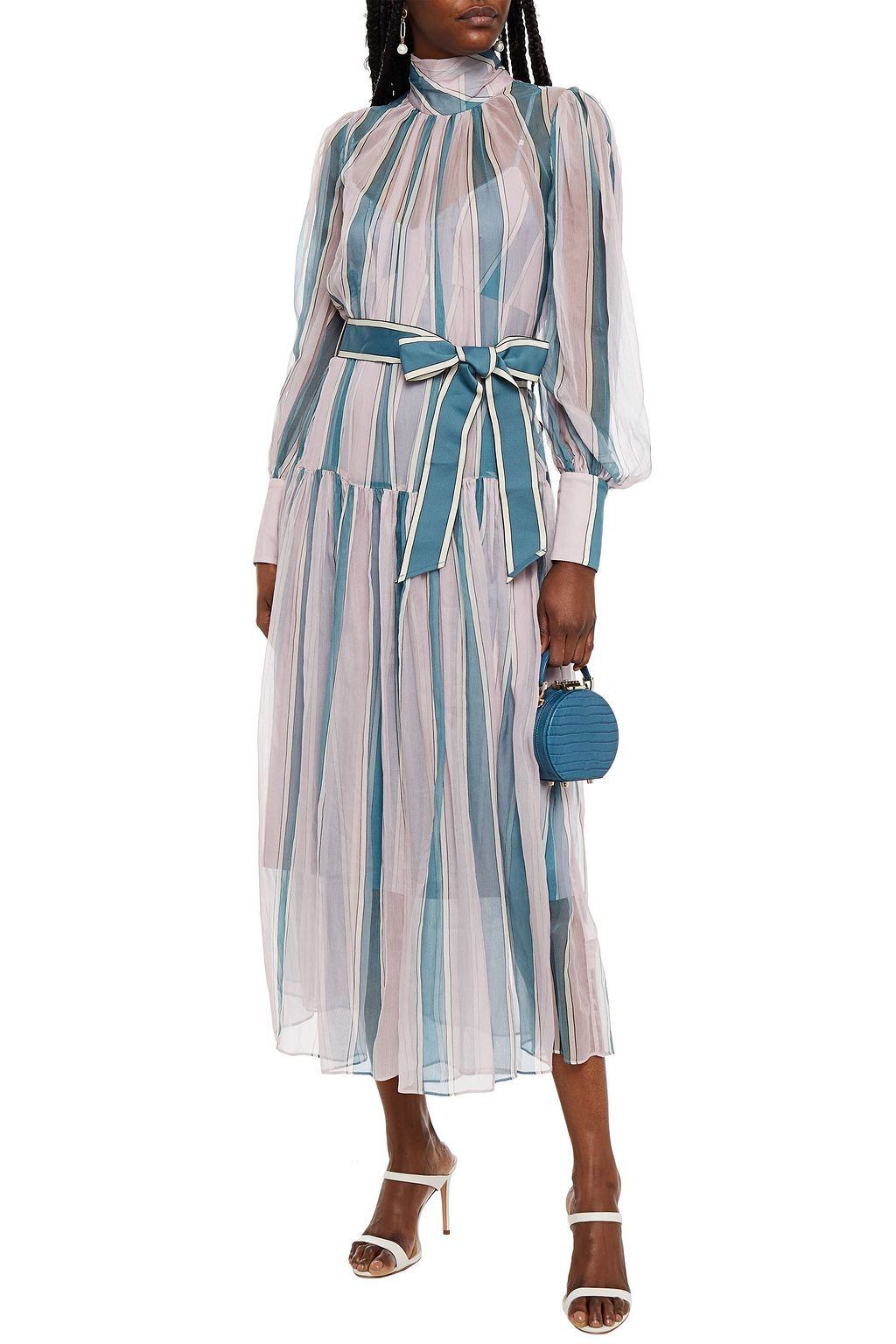 ZIMMERMANN Belted striped silk-crepon midi dress