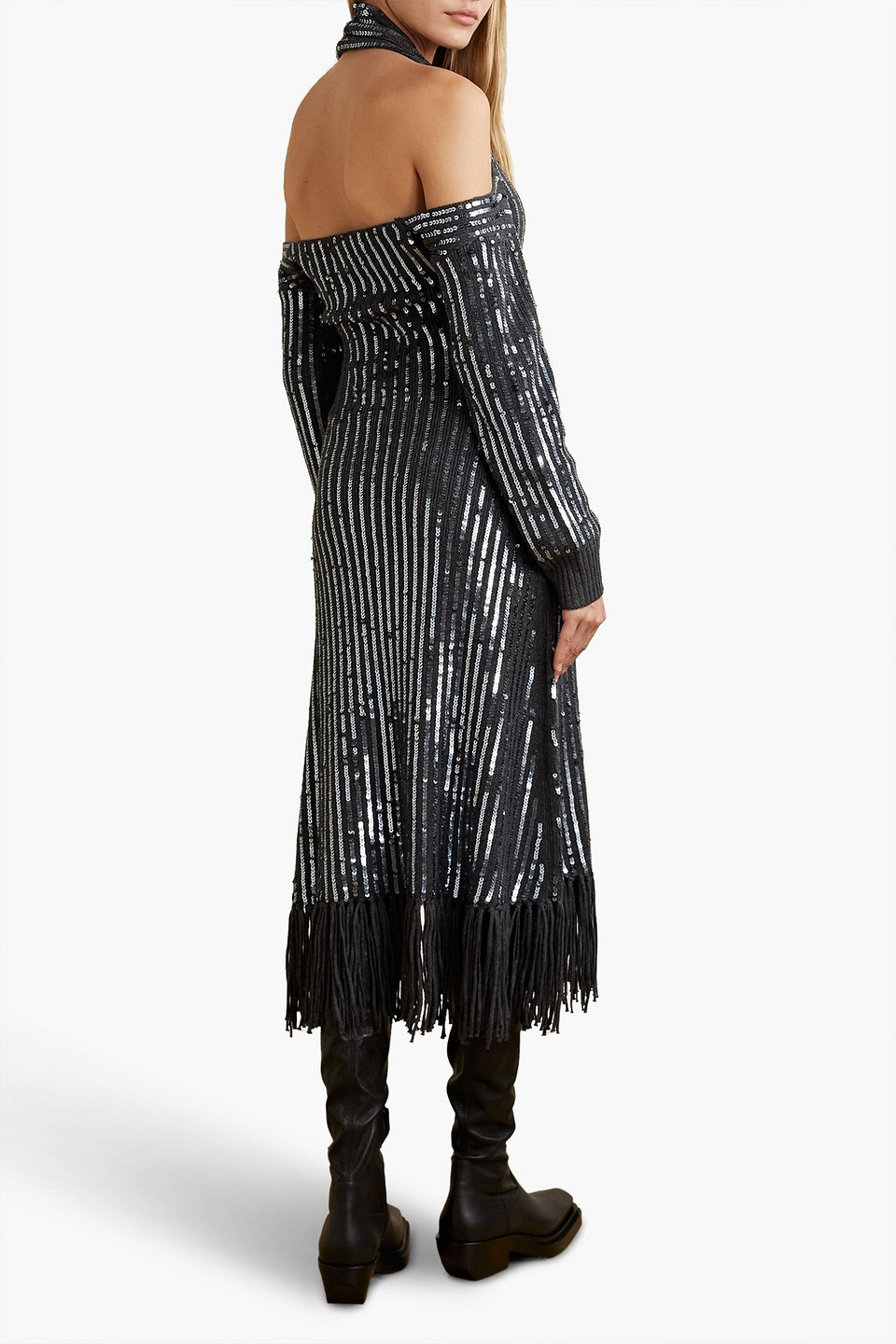 Shop Monse Fringed Sequined Merino Wool Halterneck Midi Dress In Charcoal