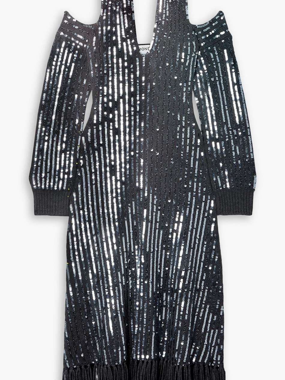 fringed sequined merino wool halterneck midi dress