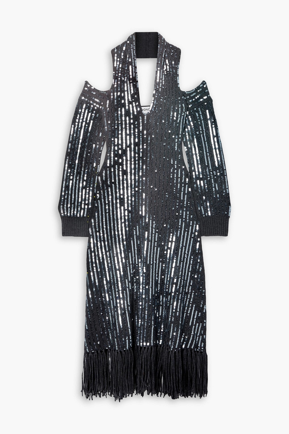 Shop Monse Fringed Sequined Merino Wool Halterneck Midi Dress In Charcoal