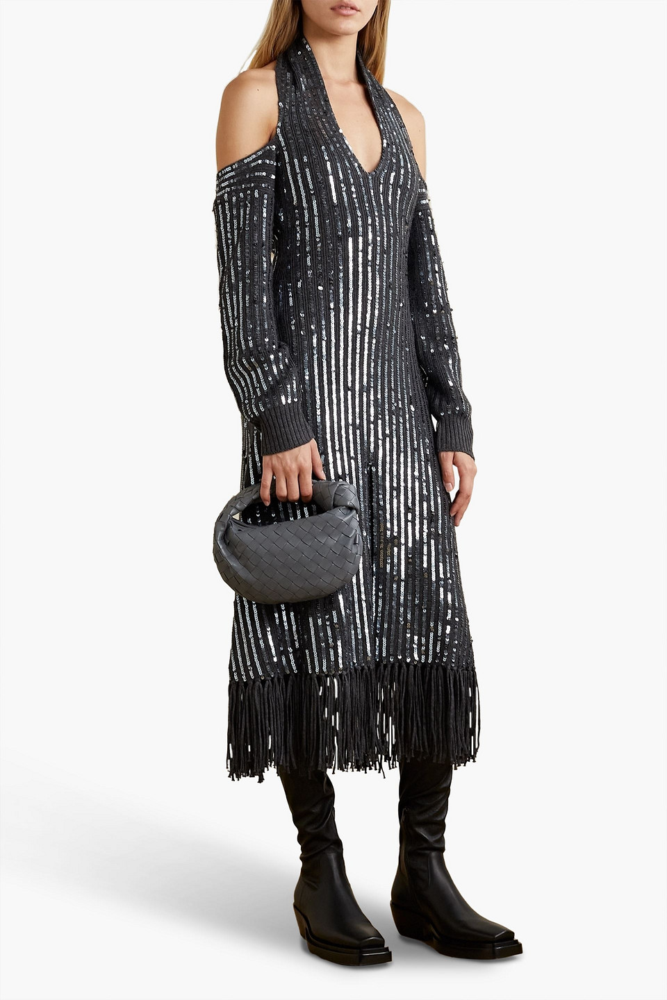 Shop Monse Fringed Sequined Merino Wool Halterneck Midi Dress In Charcoal