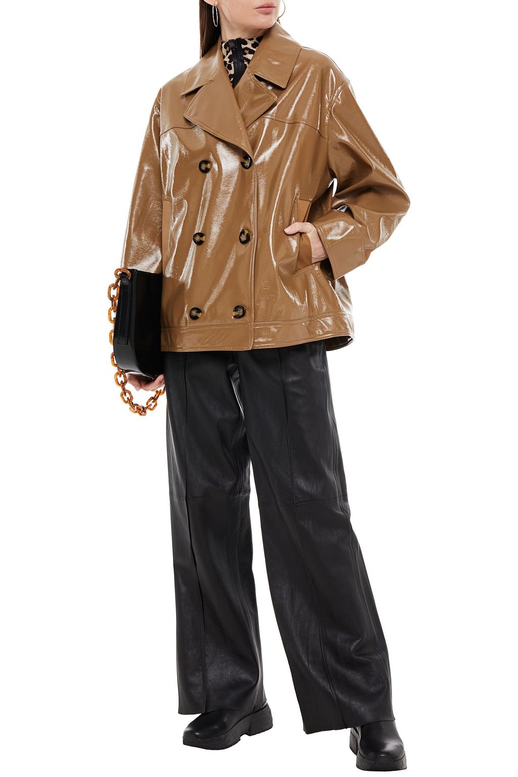 GANNI Double-breasted faux patent-leather jacket