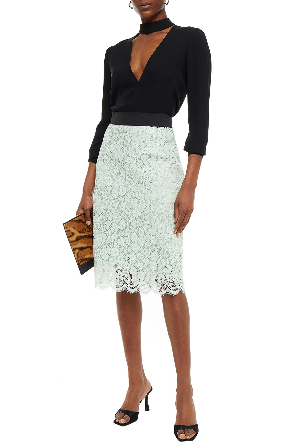 Shop Dolce & Gabbana Cotton-blend Corded Lace Pencil Skirt In Mint