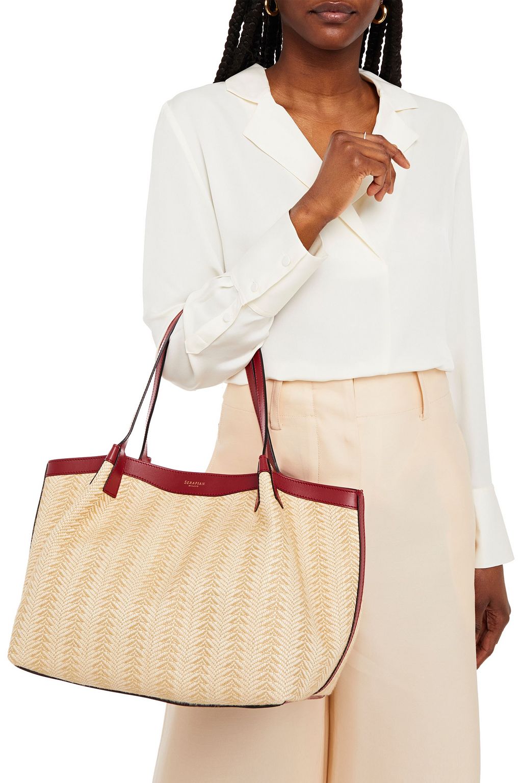 SERAPIAN Secret small leather-trimmed raffia tote
