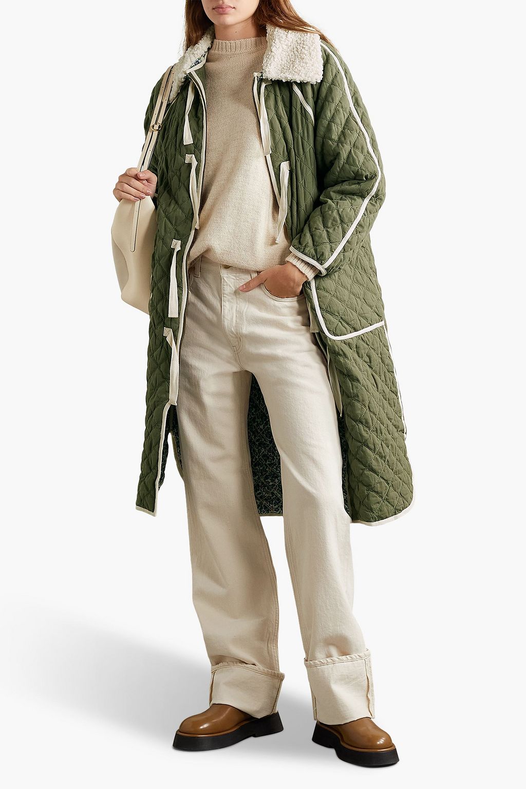 THE GREAT. Reversible bouclè-trimmed quilted cotton coat