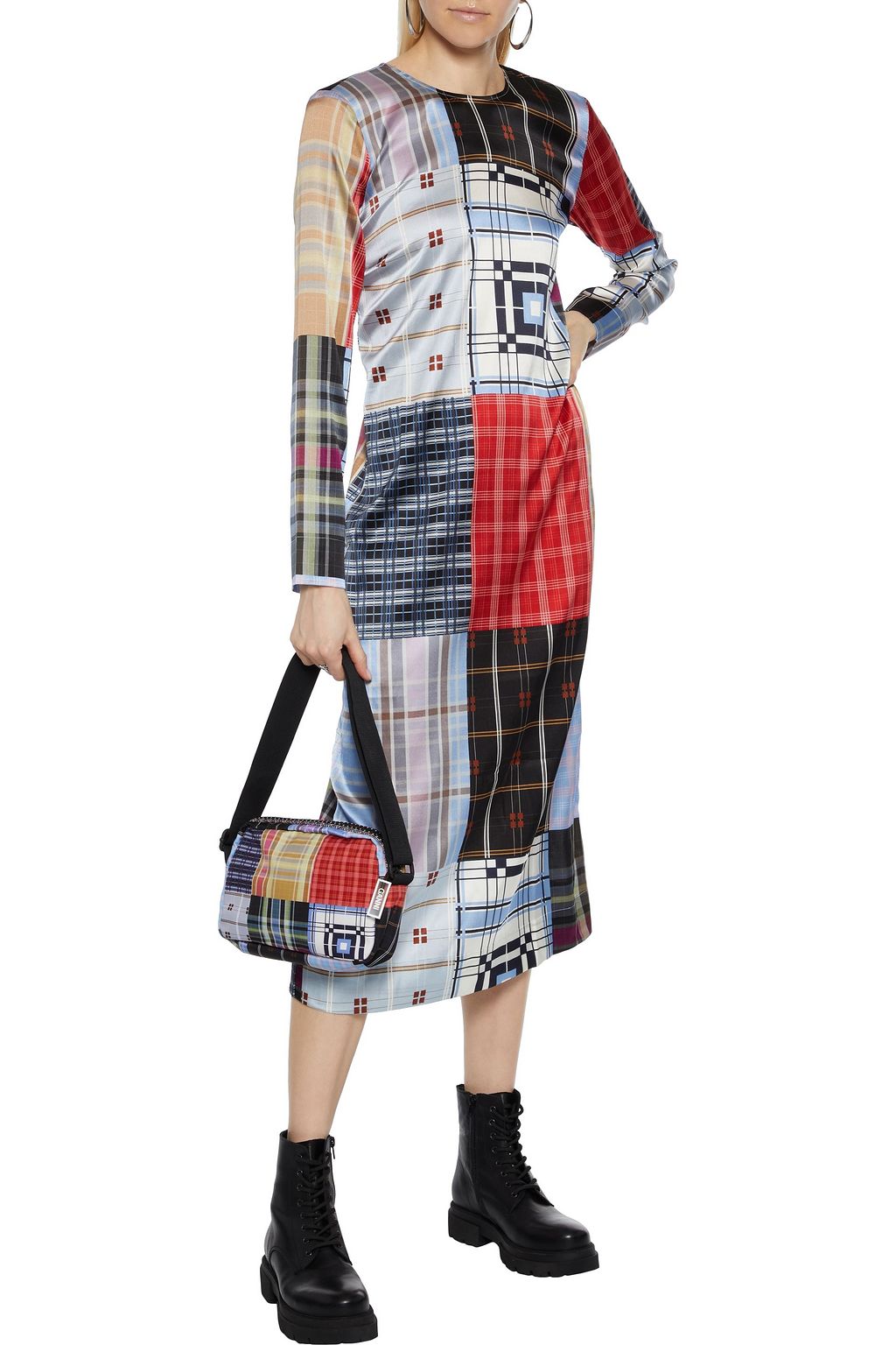 GANNI Checked silk-blend satin midi dress