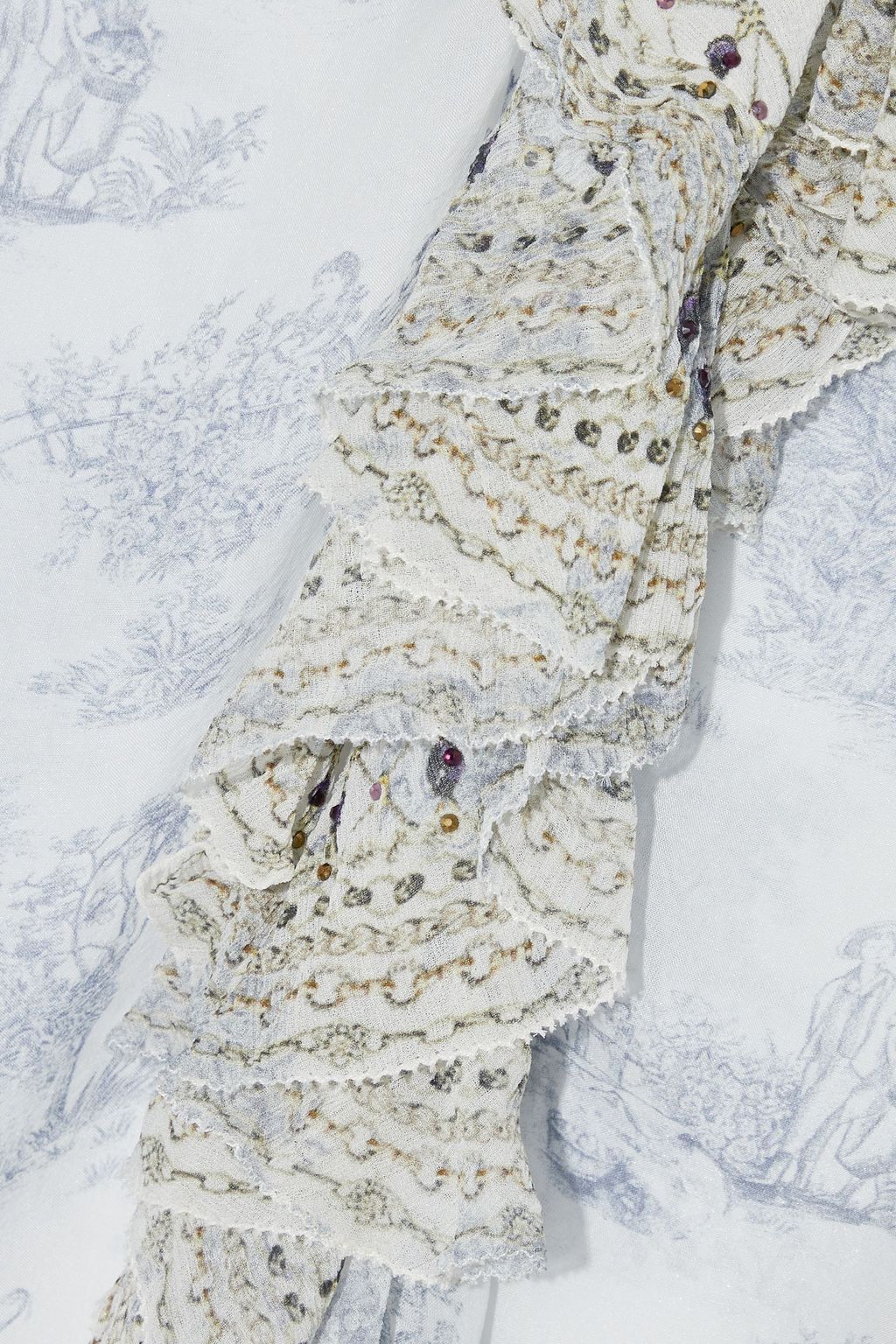 CAMILLA Lace-up crystal-embellished ruffled printed silk-georgette blouse