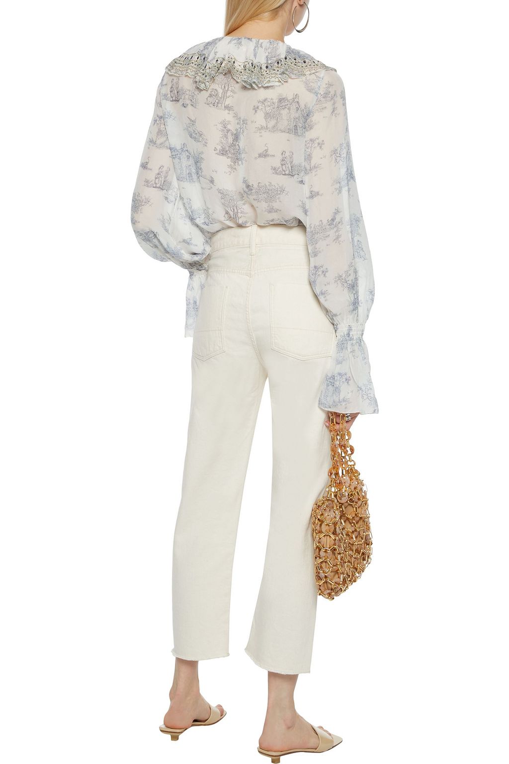 CAMILLA Lace-up crystal-embellished ruffled printed silk-georgette blouse