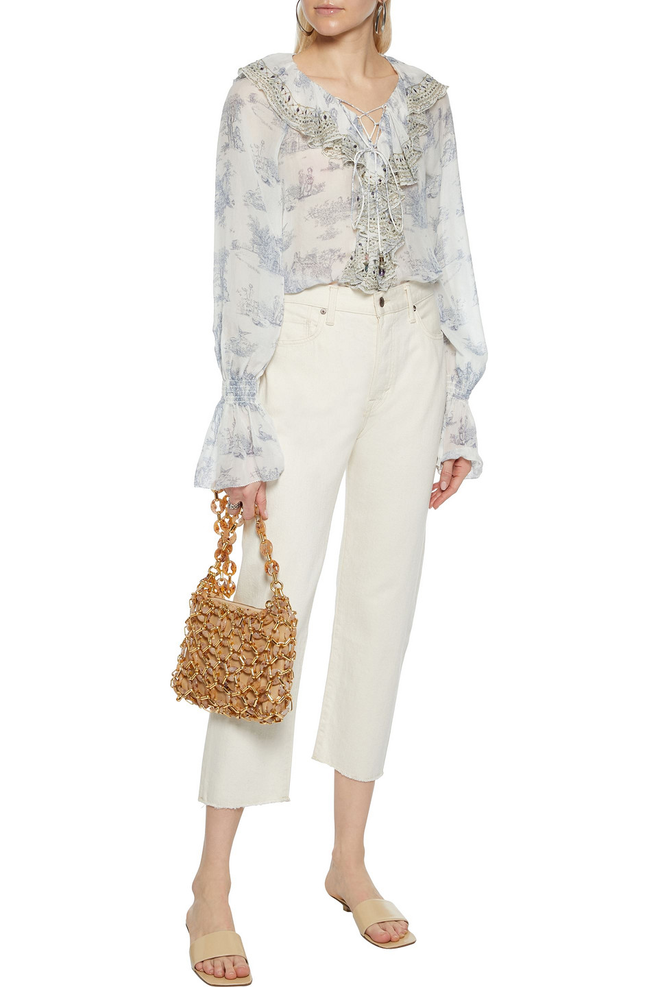 Camilla Lace-up Crystal-embellished Ruffled Printed Silk-georgette Blouse In Sky Blue