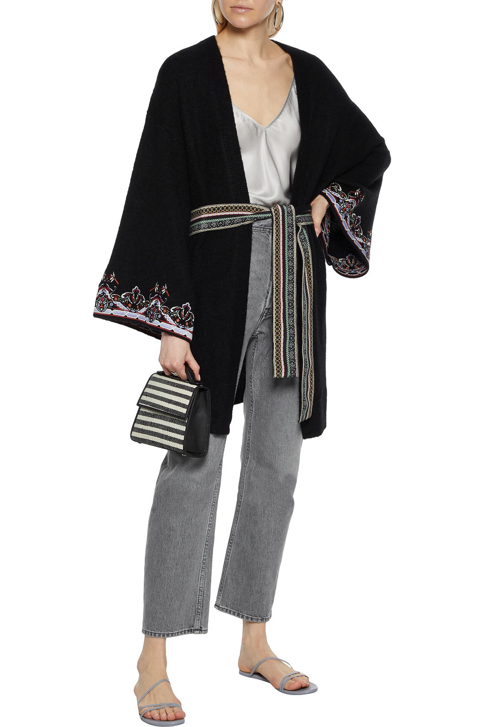 Camilla Belted Embroidered Brushed Knitted Cardigan In Black