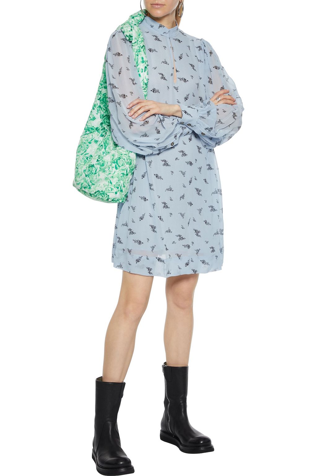 GANNI Gathered floral-print georgette mini dress