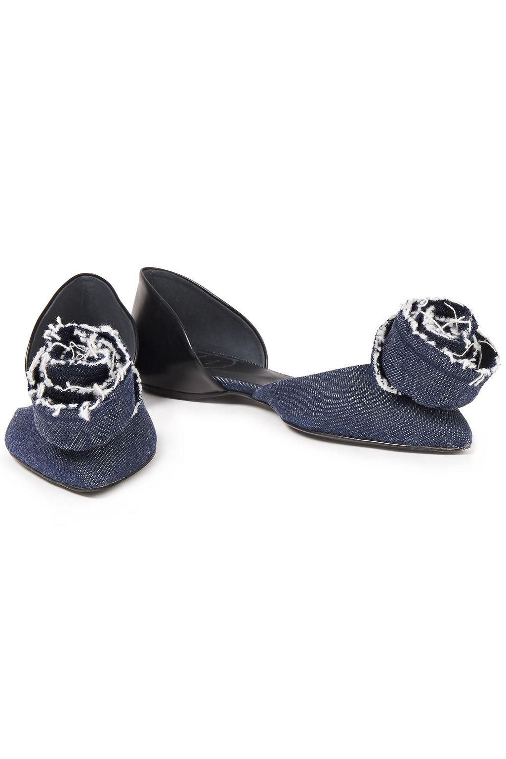 ROGER VIVIER Floral-appliquéd denim and leather point-toe flats