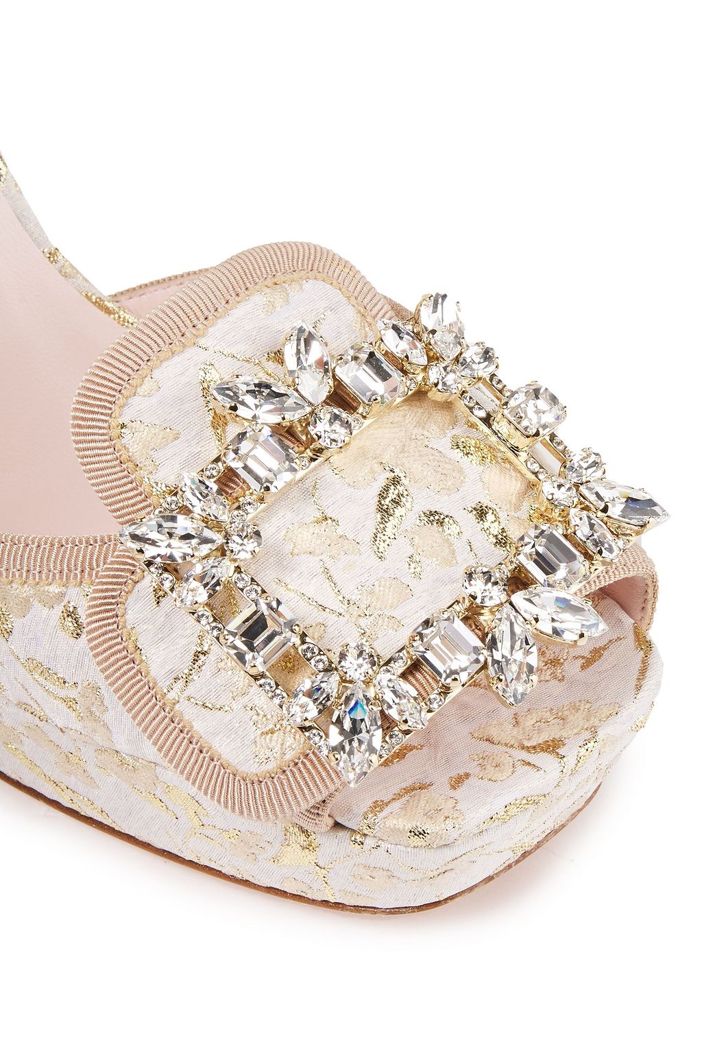 ROGER VIVIER RV Broche crystal-embellished metallic brocade platform sandals