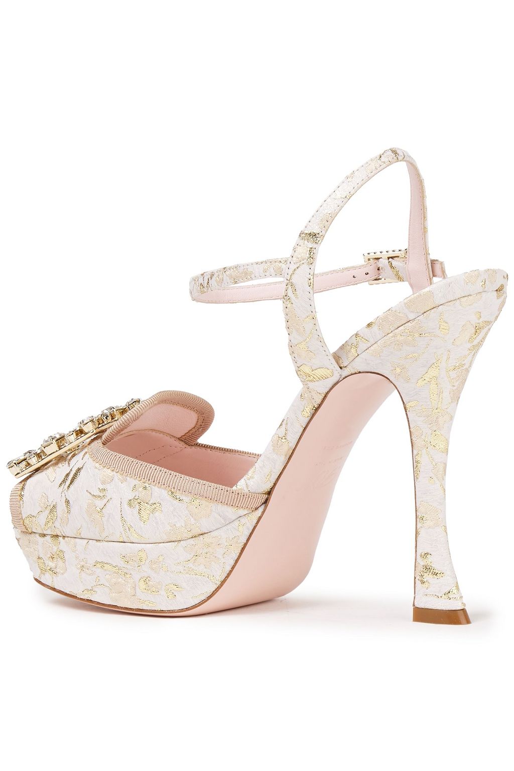 ROGER VIVIER RV Broche crystal-embellished metallic brocade platform sandals