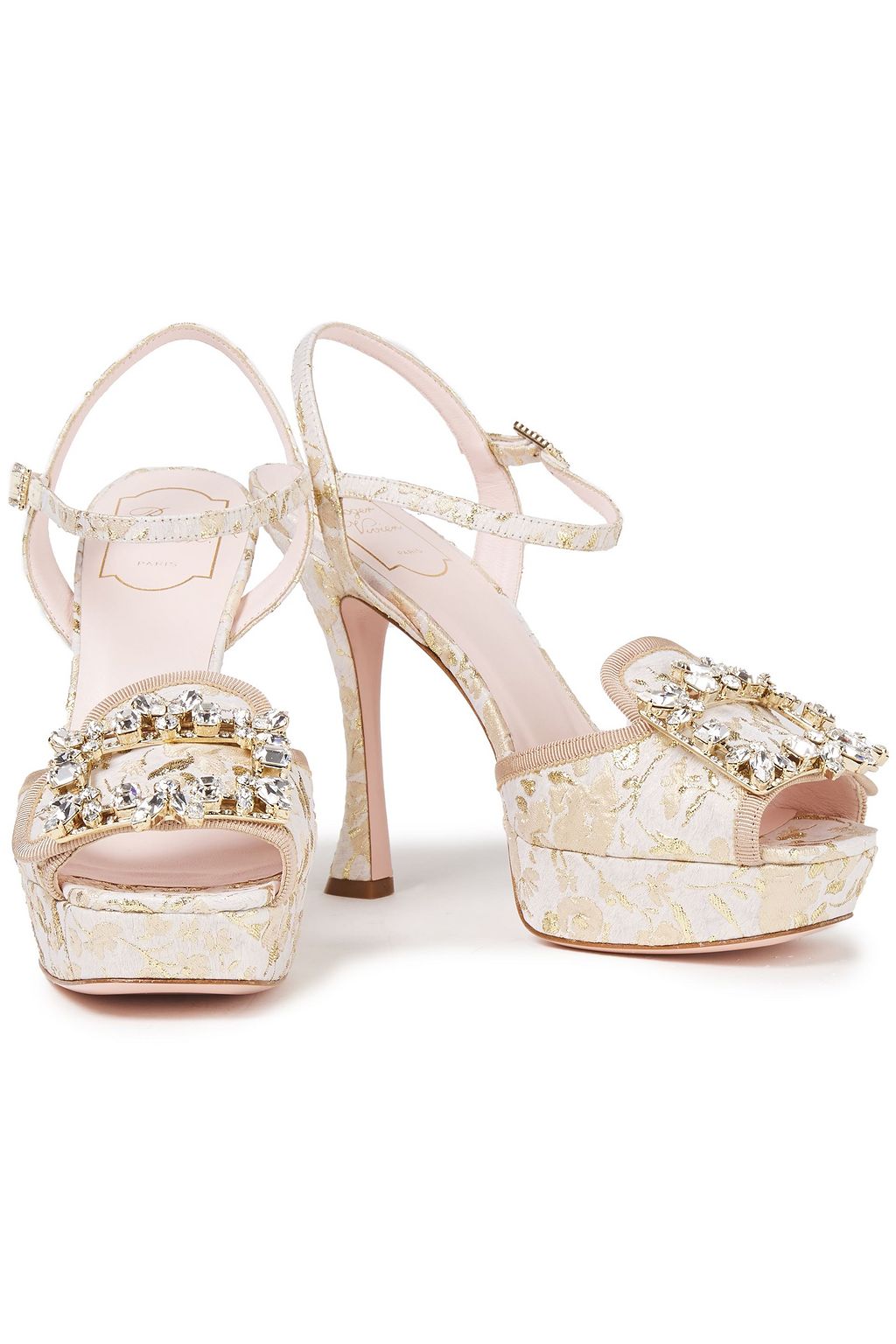 ROGER VIVIER RV Broche crystal-embellished metallic brocade platform sandals