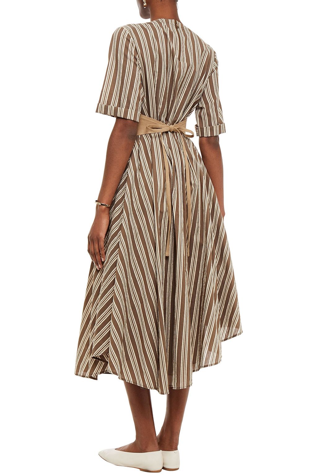 BRUNELLO CUCINELLI Asymmetric belted striped cotton and silk-blend midi dress