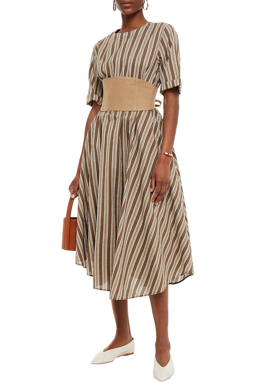 BRUNELLO CUCINELLI Asymmetric belted striped cotton and silk-blend midi dress