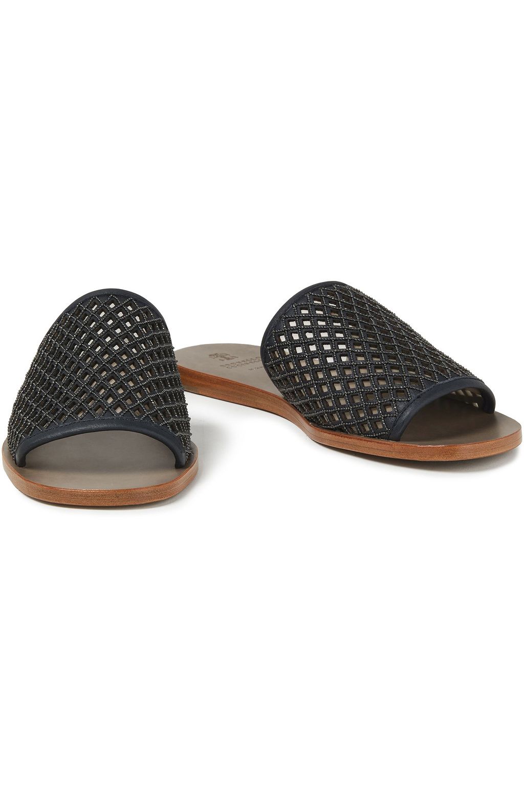 BRUNELLO CUCINELLI Bead-embellished laser-cut leather slides