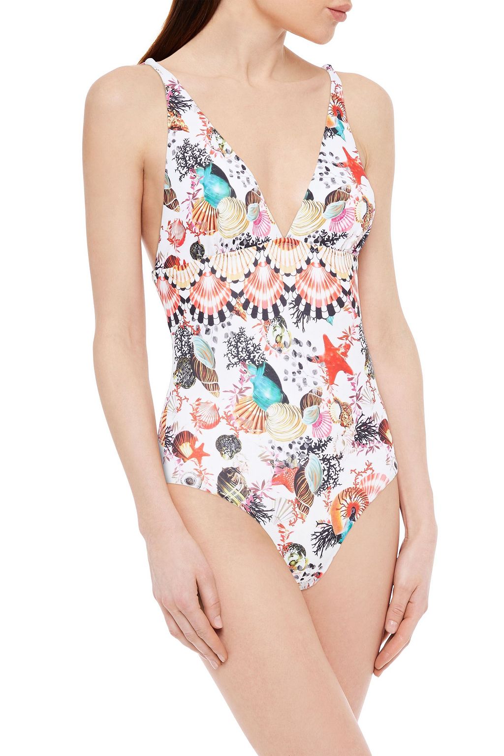 MARY KATRANTZOU Ibiza gathered printed swimsuit