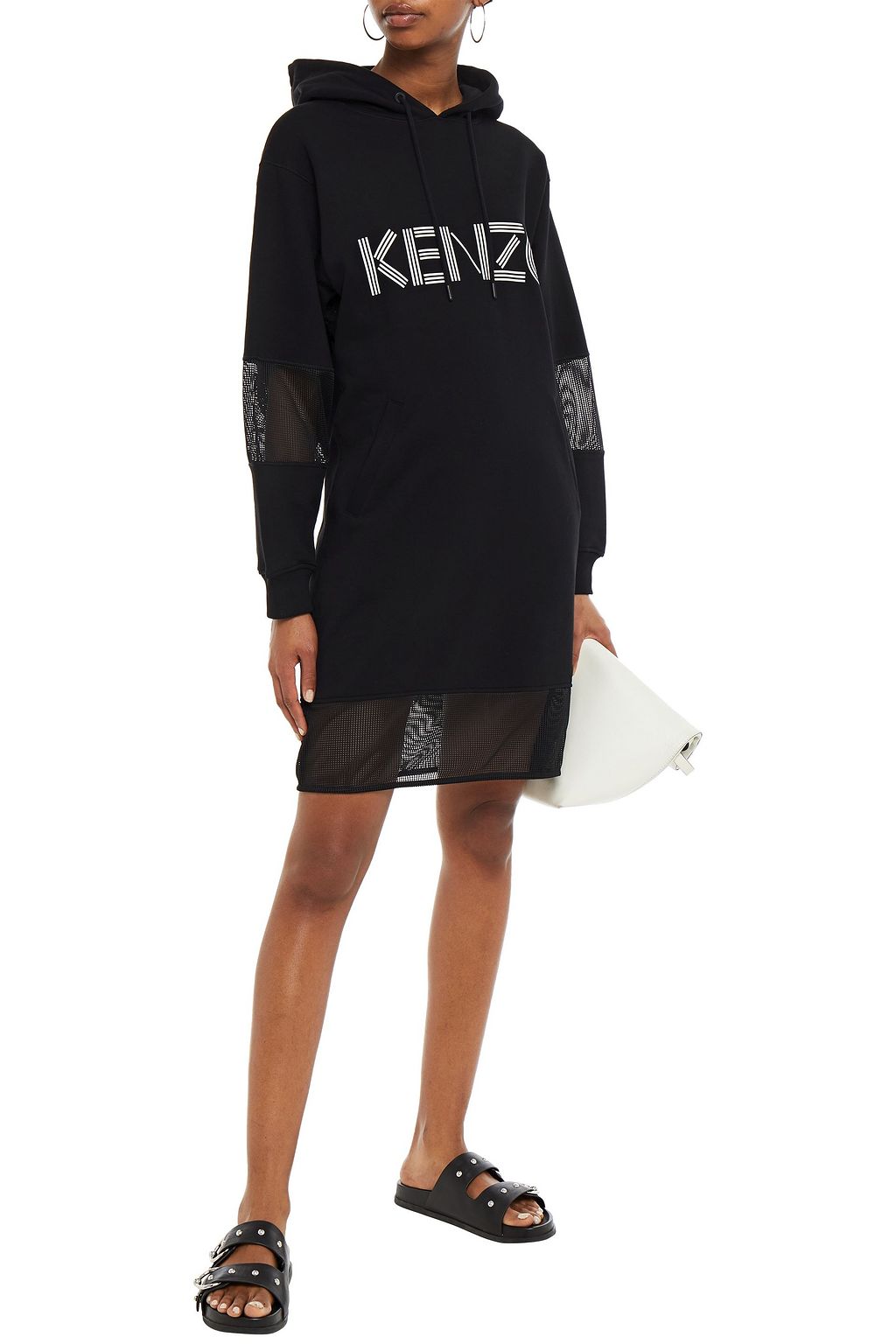 KENZO Mesh-paneled printed French cotton-terry hooded mini dress
