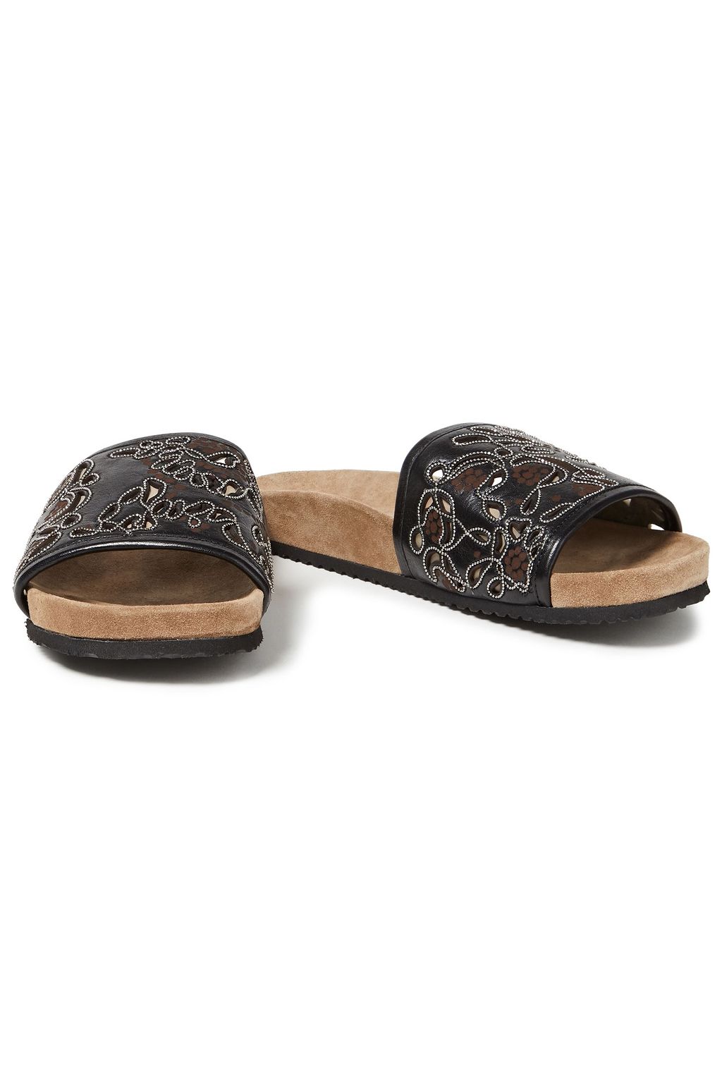 BRUNELLO CUCINELLI Bead-embellished laser-cut leather slides