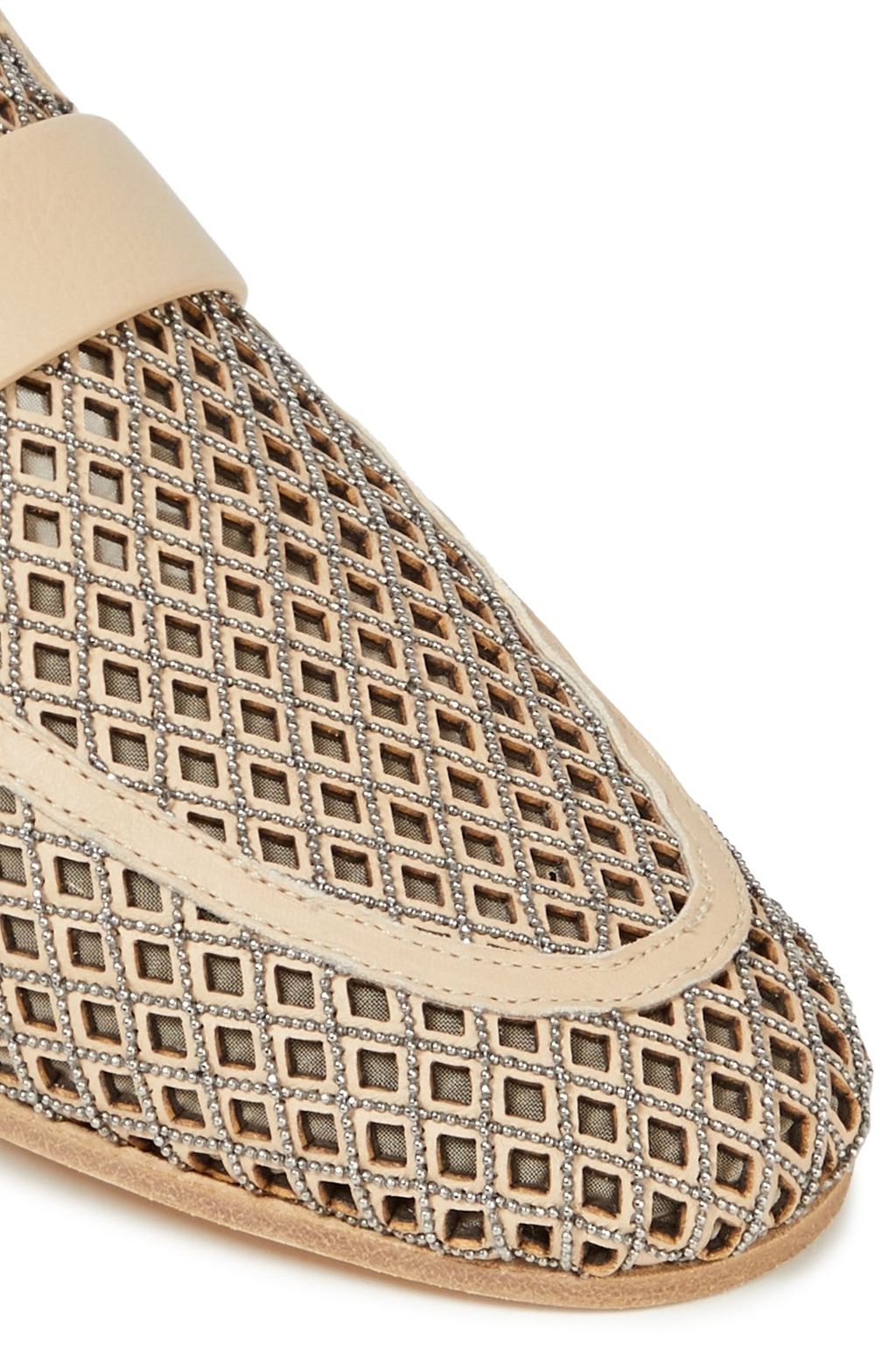 BRUNELLO CUCINELLI Slippers aus lasergeschnittenem Leder mit Zierperlen