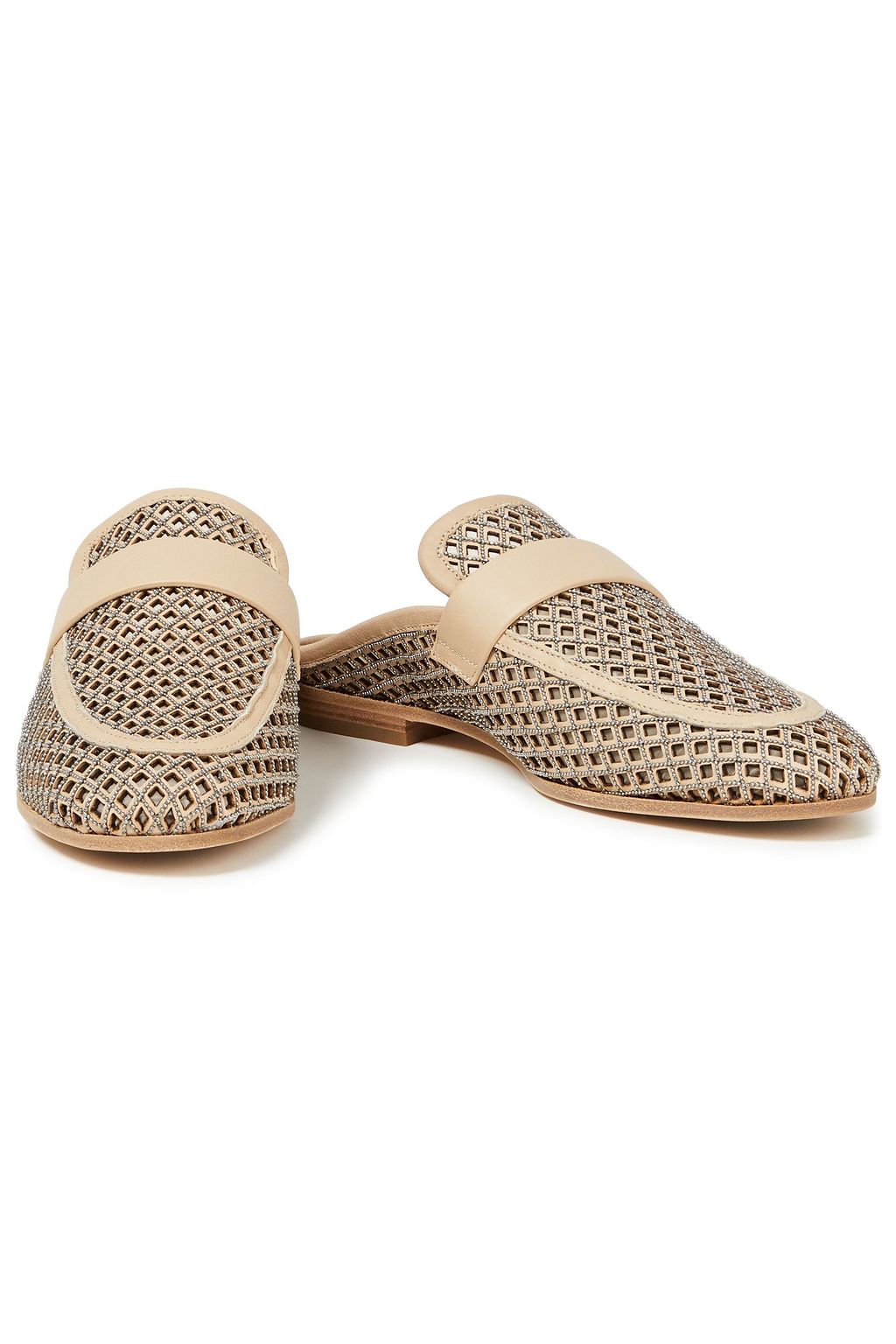 BRUNELLO CUCINELLI Slippers aus lasergeschnittenem Leder mit Zierperlen