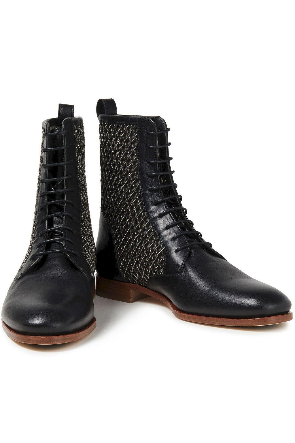 BRUNELLO CUCINELLI チュールトリム レーザーカット 装飾付き レザー コンバットブーツ