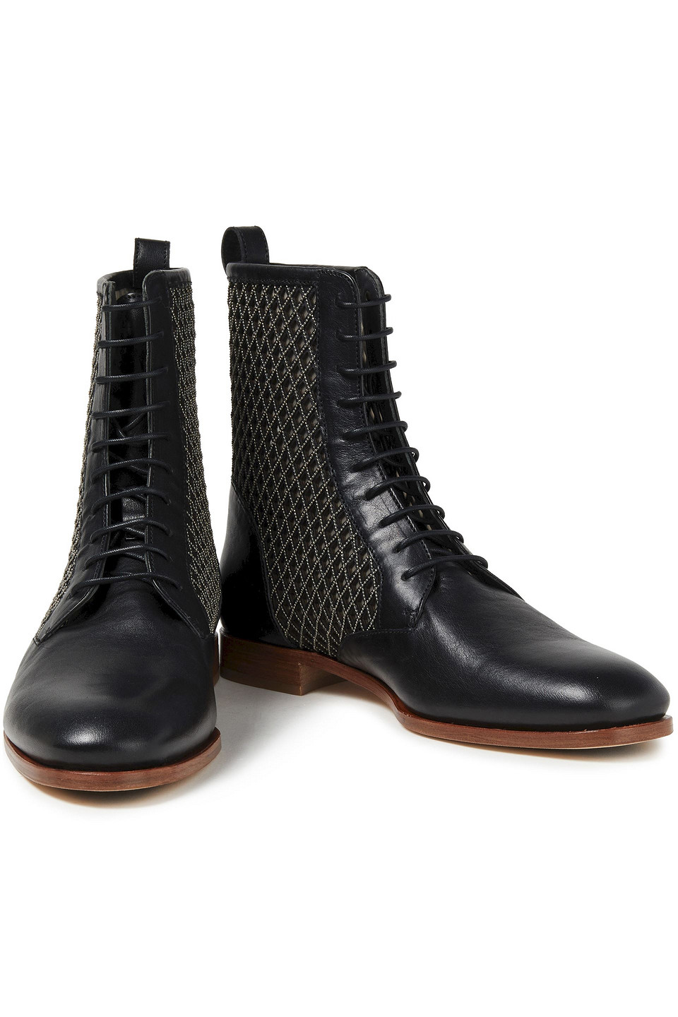 Brunello Cucinelli Tulle-trimmed Laser-cut Embellished Leather Combat Boots