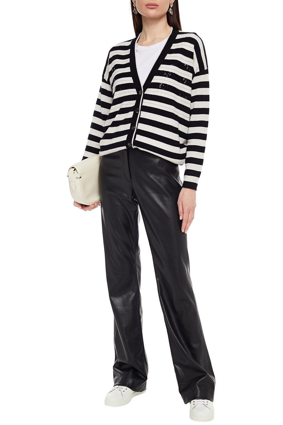 Brunello Cucinelli Embellished Striped Cashmere Cardigan In Black